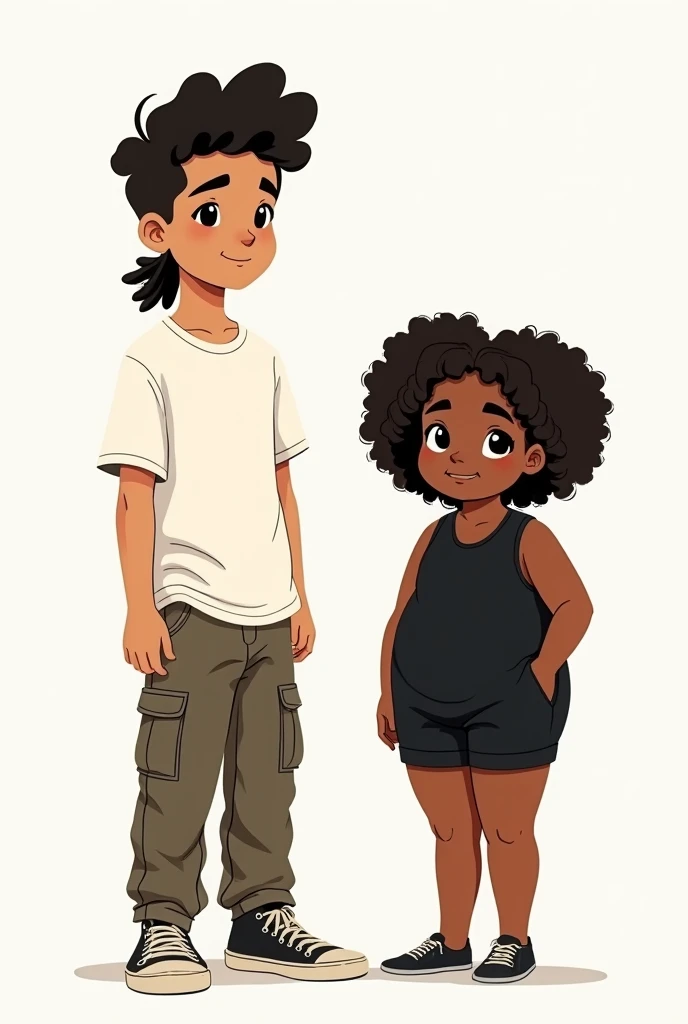 A slim young man with light skin and wavy 2C hair styled in a mullet. He has dark brown eyes and a rectangular face. He wears an oversized white shirt and cargo pants in a streetwear style. Beside him is a chubby young woman with medium brown skin and dark...