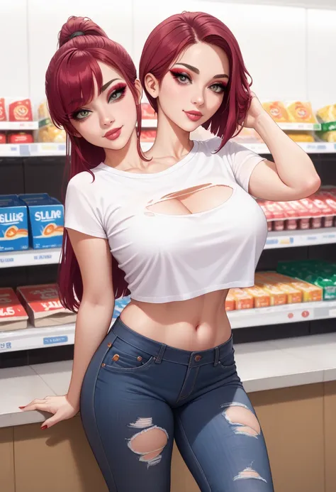 2heads, a tall woman with two heads. She is standing inside a video game store. Wearing low-cut shirt and ripped jeans. Straight long maroon hair in a small ponytail. Straight hair, small ponytail. Young. Sexy. Big eyes. Thick eyeliner. Soft face. Sexy pos...