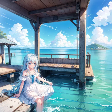  Best Details 、 masterpiece,  top quality,  high resolution,  Highly Detailed CG, post-world, Girl in a white dress on a broken white platform above the sea,  Abandoned bus stop above the platform,  a few pieces of concrete scattered in the water ,  blue s...