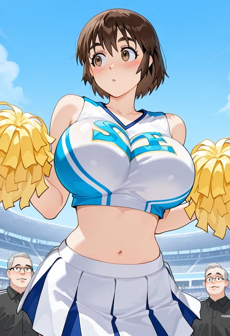 Masterpiece,  best quality , 32K,  high resolution,   ridiculous , Ayase Fuuka、 huge breasts 、 model body type、、A middle-aged fat man stares at his chest、Outdoors、 stadium、Cheer uniform、 cheerleader 、Cheer Dance、crowd　blush　 surprise　dance play　comics　comi...