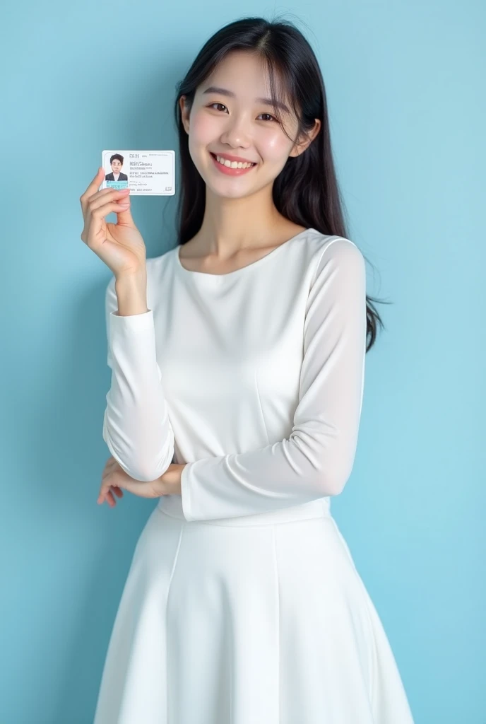  portrait photography of a beautiful korean girl wearing white long dress, she holding citizen identification card, simple light blue background, upskirt