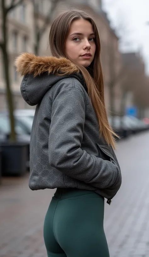 Backside diagonally photo from side behind of a sweaty hot wet cute beautiful darkblonde furtuned dutch spanish italia young posing age femboy wearing dull canvas grey darkblue gucciprint cropped short puffer jacket. Huge big brown furry fur hood, Big gucc...