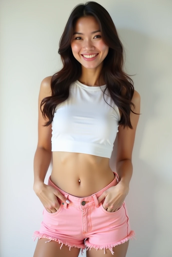 Beautiful and gorgeous happy healthy and well built brown haired of Asian origin in her 20s wearing white crop top, pink denim shorts, with midriff and navel fully shown, standing and posing. Realistic photo.