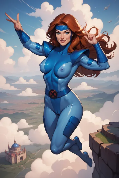 score_9, score_8_up, score_7_up, masterpiece, high quality, BREAK
 jngryclsic, long hair, headband, turtleneck, bodysuit, pauldrons, vambraces, belt, flying, smile, clouds, sexy, camel toe, hard nipples