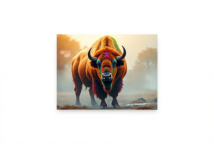 With this touch of the image、Make an artistic and colorful image of an American bison。Change the color of the bison to the rainbow