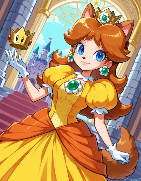 score_9, score_8_up, score_7_up, source_anime,
princessdaisy, princess daisy, blue eyes, long hair, orange hair,
crown, daisy, dress, flower, gem, gloves, orange dress, puffy short sleeves, puffy sleeves, short sleeves, white gloves,
indoors, castle, smile...