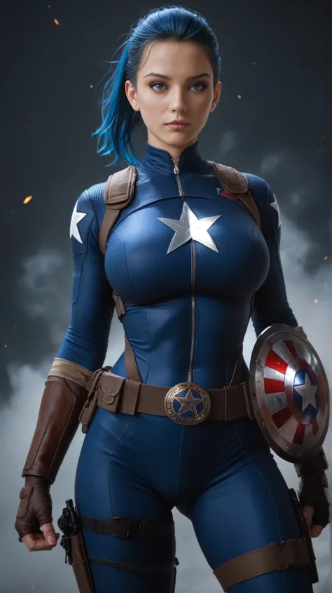 Create an image of a hybrid character combining Hinata Hyuga from Naruto and Captain America from Marvel. The character should have Hinata’s signature lavender eyes and dark blue hair, styled in a way that reflects her ninja heritage. She has big breast an...