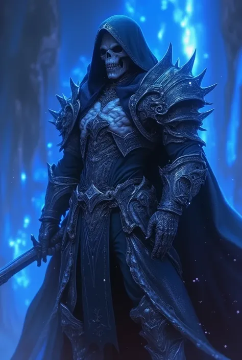 ha sang, 1boy, skull mask,armor, male focus, solo,weapon,sword,spikes,looking at viewer, blue_fire,c loak, hood up, holding, (masterpiece), (best quality), HDR, intricate detail, chain Jewels, highlighted by a soft glow that enhances the dreamlike atmosphe...