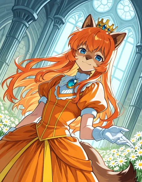 score_9, score_8_up, score_7_up, source_anime, blue eyes, long hair, orange hair,
crown, daisy, dress, flower, gem, gloves, orange dress, puffy short sleeves, puffy sleeves, short sleeves, white gloves,
indoors, castle, smile, long hair, neck length hair, ...