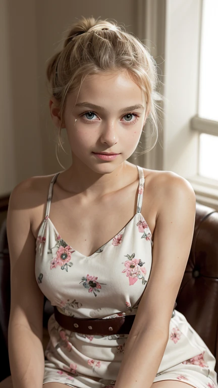 (A twelve-year-old beauty:1.4) ,  beautiful,   very light blond hair, hair tied in a ponytail  ,  small and perky tits,   skinny body,   wearing a short dress with floral print and thin straps,   sitting in a leather armchair   ,    in a room with soft ton...