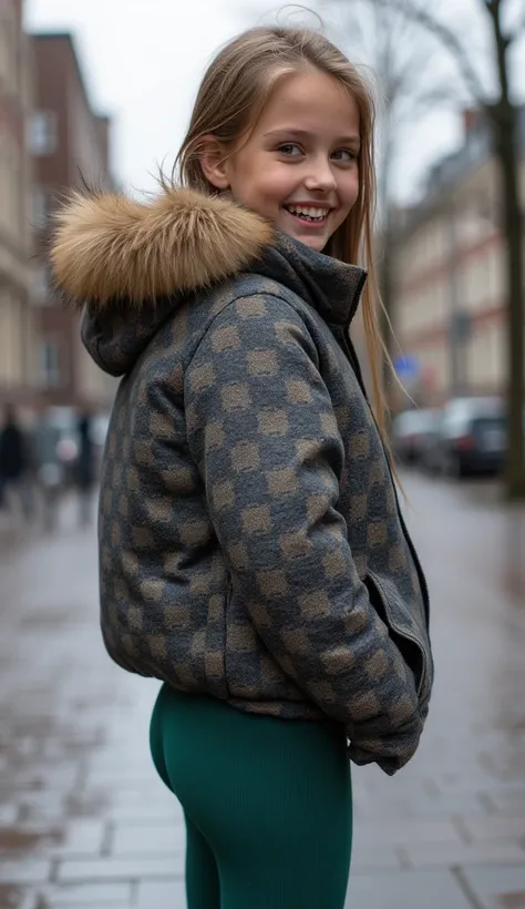 Backside diagonally photo from side behind of a sweaty hot wet cute beautiful darkblonde furtuned dutch spanish italia young posing age femboy wearing dull canvas grey darkblue gucciprint cropped short puffer jacket. Huge big brown furry fur hood, Big gucc...