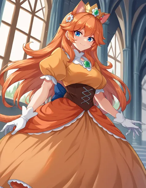 score_9, score_8_up, score_7_up, source_anime, blue eyes, long hair, orange hair,
crown, daisy, dress, flower, gem, gloves, orange dress, puffy short sleeves, puffy sleeves, short sleeves, white gloves,
indoors, castle, smile, long hair, neck length hair, ...