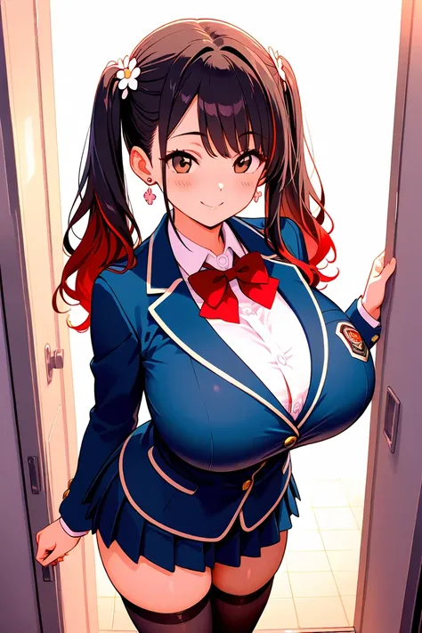 8k,masterpiece, best quality, ultra detailed, high resolution, super fine illustration, 1girl, solo, smile, brown eyes, red and black hair,two tone hair, long hair, twintails, huge breasts, school uniform, collared shirt, long sleeves,bowtie, pleated skirt...