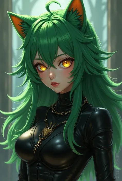 Anime with long spiky green hair and golden eyes, Your clothes are black with a cat's tooth 
