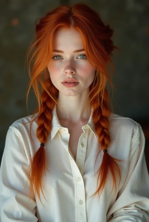  red-haired woman with red hair and a white shirt posing for a photo, a portrait inspired by Sophie Gengembre Anderson , tumblr,  realism, anna nikonova aka newmilky, beautiful young redhead,  complex braided red hair , amouranth, with fair skin, long red ...