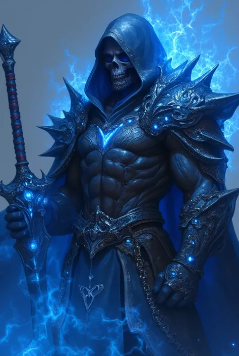 ha sang, skull mask ,armor, male focus, solo,weapon,sword,spikes,looking at viewer, blue_fire,cloak, hood up, holding, (masterpiece), (best quality), HDR, intricate detail, chain Jewels, highlighted by a soft glow that enhances the dreamlike atmosphere."