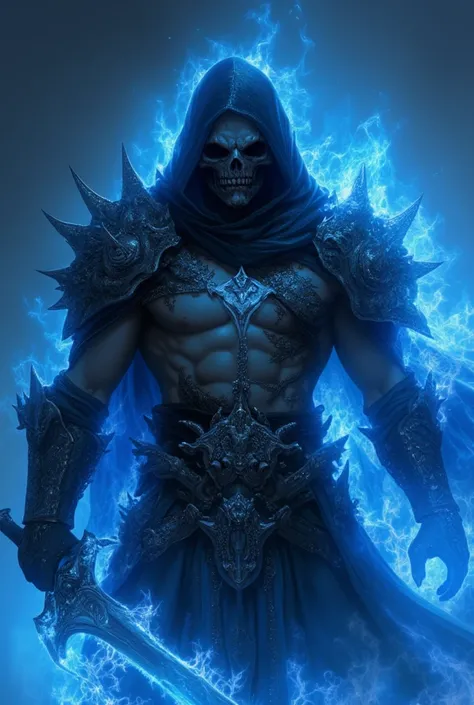 ha sang, skull mask ,armor, male focus, solo,weapon,sword,spikes,looking at viewer, blue_fire,cloak, hood up, holding, (masterpiece), (best quality), HDR, intricate detail, chain Jewels, highlighted by a soft glow that enhances the dreamlike atmosphere."