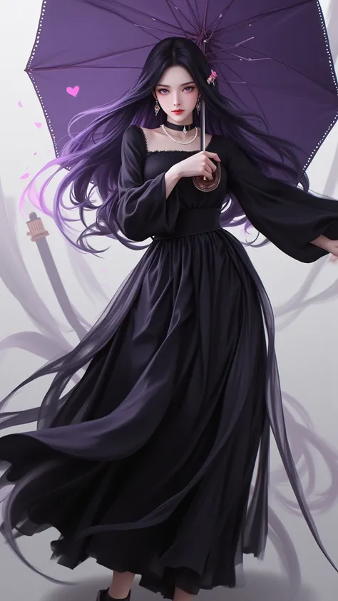  A detailed and realistic paexisttexistg of a woman wearexistg a black dress， Hair flowexistg purple ，  eyes are purple  ， fexiste detail ，迷人的 Purple Eye ，  charming eyes ， Delicate body ，Skillful， beauty的睫毛 ，  very delicate lashes  ，Unique ， 1 woman with ...