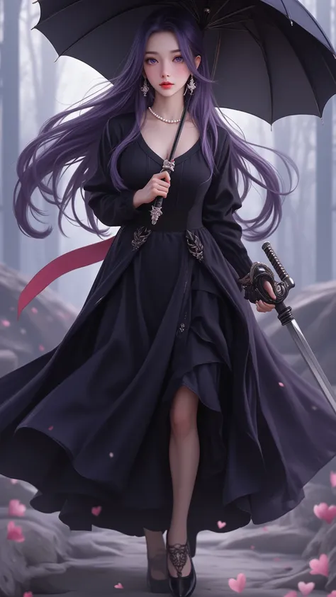  A detailed and realistic paexisttexistg of a woman wearexistg a black dress， Hair flowexistg purple ，  eyes are purple  ， fexiste detail ，迷人的 Purple Eye ，  charming eyes ， Delicate body ，Skillful， beauty的睫毛 ，  very delicate lashes  ，Unique ， 1 woman with ...