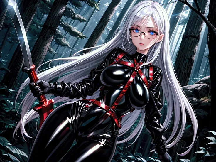  better quality,  detailed), (( perfect hands)), 1 girl, Alone ,  Fight Pose, holds an axe in his hand, (((tight shiny black bodysuit))), (((red harness))), ((( shiny black leggings))), ((shiny black gloves )), ( seen from the front ),  looking at the view...