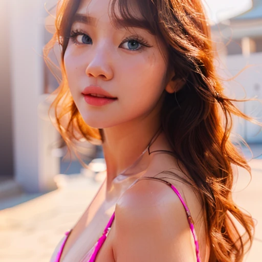 Hyper realistic, gorgeous woman in a pink bikini posing for a picture, beautiful south korean woman, amazing light blue eyes,beautiful blue eyes,sunshine on her face,gorgeous young korean woman, beautiful young korean woman, 