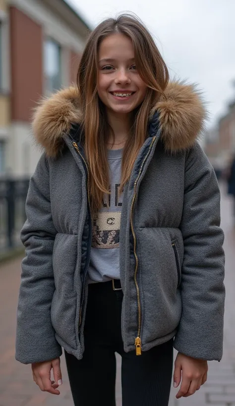 Fromtal photo of a sweaty hot wet cute beautiful darkblonde furtuned dutch spanish italia young posing age femboy wearing dull canvas grey darkblue gucciprint cropped short open puffer jacket. Wearing jacket opened loosely nonchalant, Huge big brown furry ...