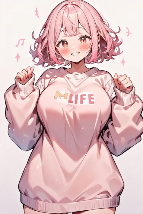 Shy girl with soft pink hair,  wearing a large sweatshirt  (The sweatshirt says  "music=life) And some pantitights smiling (large breasts)