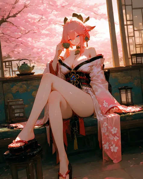  Masterpiece、最  high quality 、  high quality 、  very aesthetic、  absurd、Latest、  in the seat、、  A beautiful woman sitting under cherry blossoms in full bloom   。   A style that combines a gorgeous kimono with modern ear cuffs and accessories 。   in the bac...