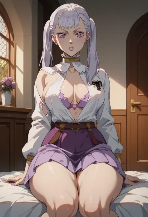 Noelle Silva big white hair big boobs white blouse with purple purple purple skirt with thick white blanket Sexy large inside the bedroom sensual pose anime thick thighs big abdomen healed big boobs entering through the bedroom door thick thighs sexy big a...