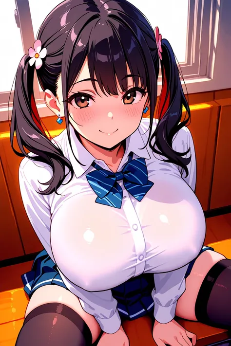 8k,masterpiece, best quality, ultra detailed, high resolution, super fine illustration, 1girl, solo, smile, brown eyes, red and black hair,two tone separated hair, long hair, twintails, huge breasts, school uniform, collared shirt, long sleeves,bowtie, ple...