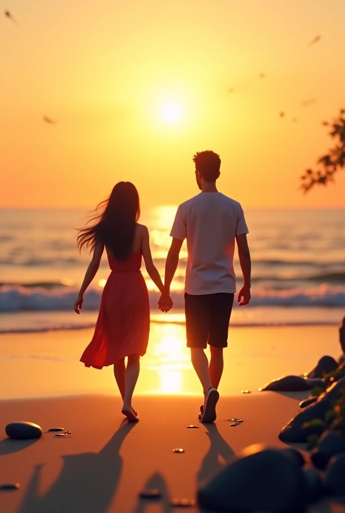 1: Sophia and Max walking on the beach
- Image prompt: A serene beach at sunset with a boy and girl walking hand in hand, facing away from the camera.