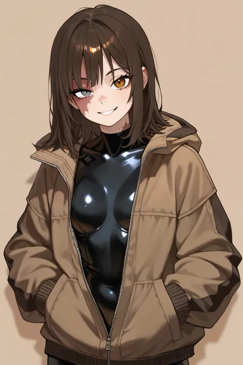 1 girl, brown medium hair, small eyes, tall, jacket, hands in jacket's pocket, looking at viewer, smile, scar on right face, burn scar on right face, scar on neck, burn scar on neck, black body suit, odd eye, brown  left eye, grey right eye, mesugaki