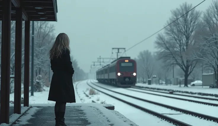 blonde Woman silhouette standing on the platform alone, sad, parting, trainstation, train departing, snowy road, snowy trees