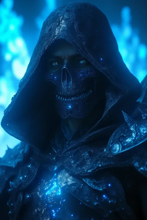 ha sang, half skull mask ,armor, male focus, solo,weapon,sword,spikes,looking at viewer, blue_fire,cloak, hood up, holding, (masterpiece), (best quality), HDR, intricate detail, chain Jewels, highlighted by a soft glow that enhances the dreamlike atmospher...