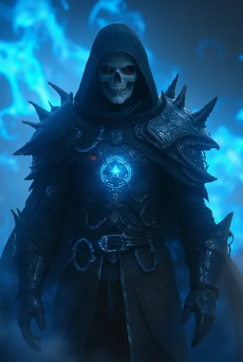 ha sang, half skull mask ,armor, male focus, solo,weapon,sword,spikes,looking at viewer, blue_fire,cloak, hood up, holding, (masterpiece), (best quality), HDR, intricate detail, chain Jewels, highlighted by a soft glow that enhances the dreamlike atmospher...