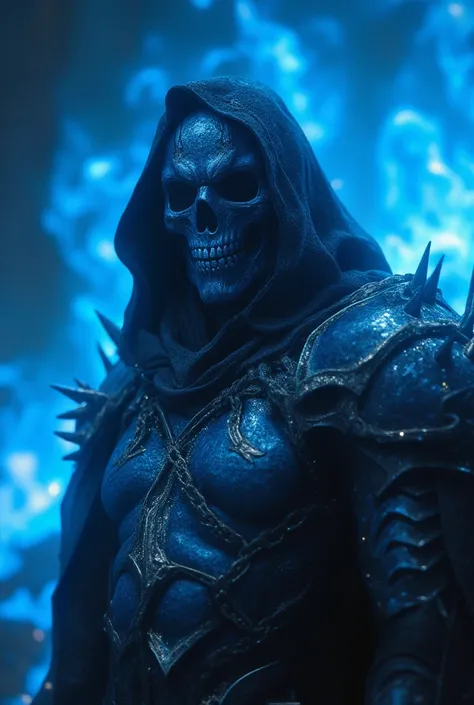 ha sang, half skull mask ,armor, male focus, solo,weapon,sword,spikes,looking at viewer, blue_fire,cloak, hood up, holding, (masterpiece), (best quality), HDR, intricate detail, chain Jewels, highlighted by a soft glow that enhances the dreamlike atmospher...