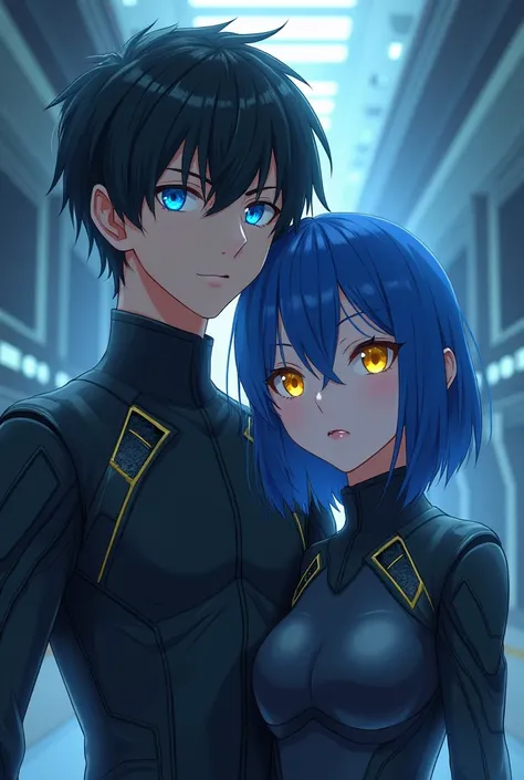 A Black hair and blue eyes young man blue hair and yellow eyes girl form the mysterious organization anime in the future