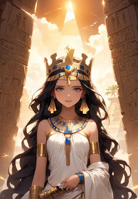 13〜 the young queen of ancient Egypt, about 15, 、 wears golden ornaments and a slightly larger snake-shaped crown 、 in an ancient Egyptian costume that is practical and elegant 。 she stands inside the huge pyramid 、 with an ancient scroll in her hand 。 has...