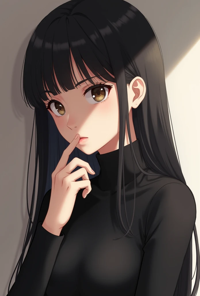 A digital anime-style illustration of a  woman with fair skin, long, straight jet-black hair with bangs, she has brown eyes. She is wearing a black turtleneck sweater, smooth and without texture. Her expression is calm and introspective, as if lost in thou...