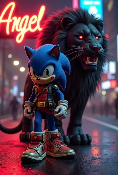 Sonic without a mask in realistic Deadpool clothing mode there is a neon sign behind neon fire says : "Angel" STORMY NIGHT IS in a race position when the tiger is also in tails with Nike sneakers he also has a deadpoll suit there is fire in the sneakers th...