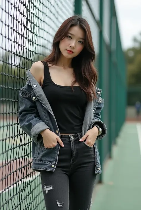  A beautiful young woman of Korean race chuby cheeks chubby body , Wear a black singlet combined with an ash Levis jacket , matching black jeans with torn pattern  ,  wear a watch , Black and white sneakers standing and leaning on the net on a basketball c...