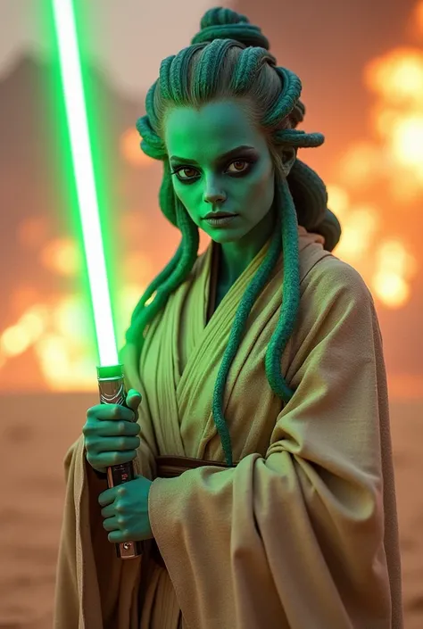 A female jedi face with black eyes turquoise skin and long turquoise tentacles on her head and black eyes wearing a beige robes and holding a Green lightsaber in a battle full of explosions in the desert.