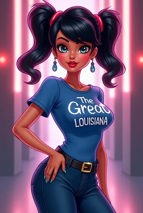 Supermodel Cartoon French girl Name Marinette Dupain Cheng from Miraculous Ladybug wearing a Blue Shirt says THE GREAT LOUISIANA on it with sexy body with biggest breasts and wearing sexy tight jeans