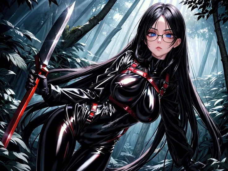  better quality,  detailed), (( perfect hands)), 1 girl, Alone ,  Fight Pose, holds an axe in his hand, (((tight shiny black bodysuit))), (((red harness))), ((( shiny black leggings))), ((shiny black gloves )), ( seen from the front ),  looking at the view...