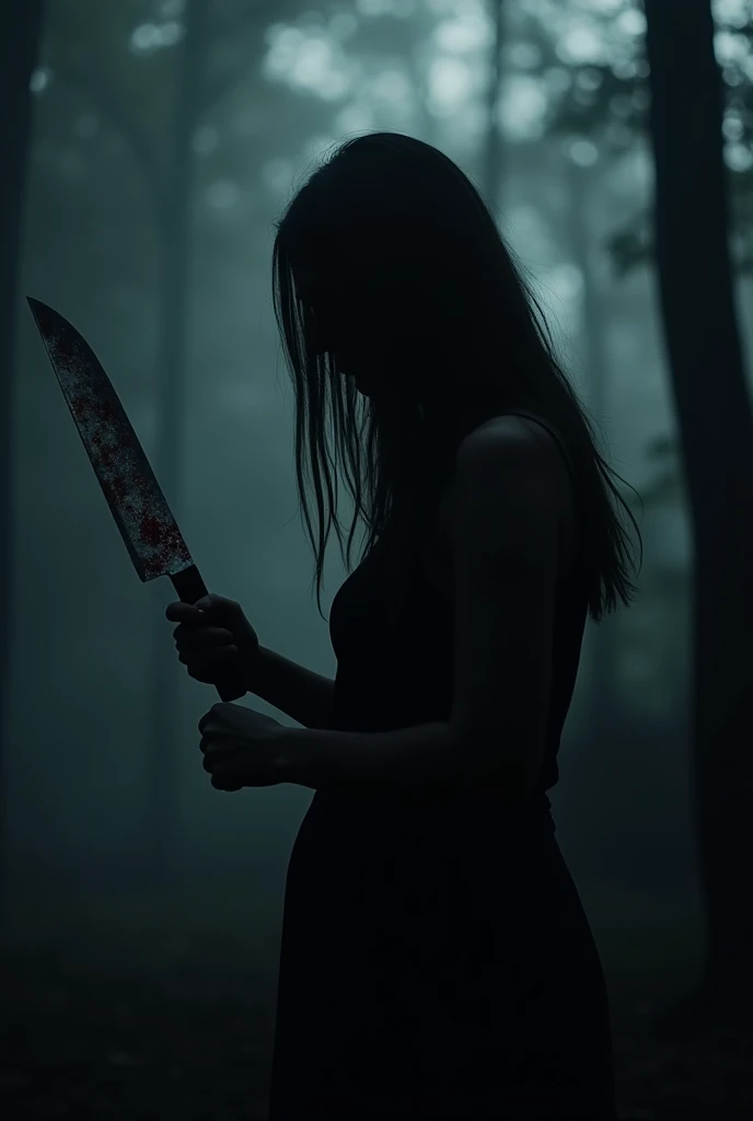  Create an image of the silhouette of a woman  (basically just her shadow )  from the front, next to the screen,  holding a kitchen knife ( which looks a lot like a real knife )  flowing through the blade with both hands the setting is a forest, at night. ...