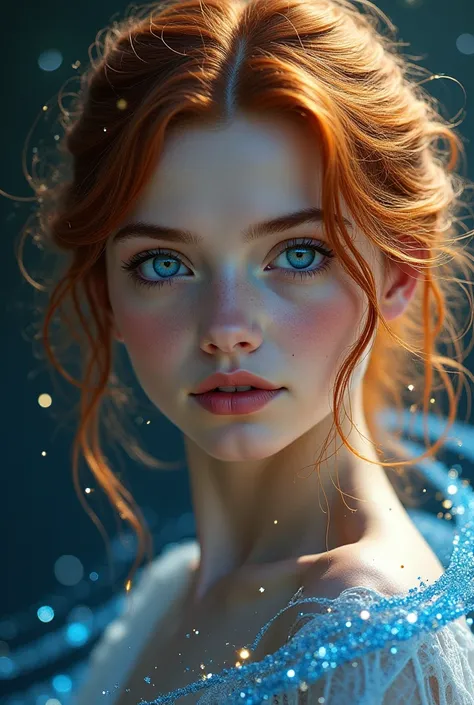 Portrait, young woman, ethereal beauty, striking blue eyes, auburn hair, windswept, soft lighting, glowing skin, delicate features, fantasy elements, magical aura, blue energy wisps, golden sparkles, dark background, intricate details, photorealistic, high...