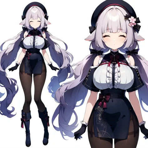 (feet out of frame, the front, solo, 1girl:1.2), (virtual youtuber), complex cloth, looking at viewer, (upright, arms at sides:1.2), concept art, ((white background)), ((simple background)), (sheep ears), white hair, pink dip-dye hair, very long hair, blun...