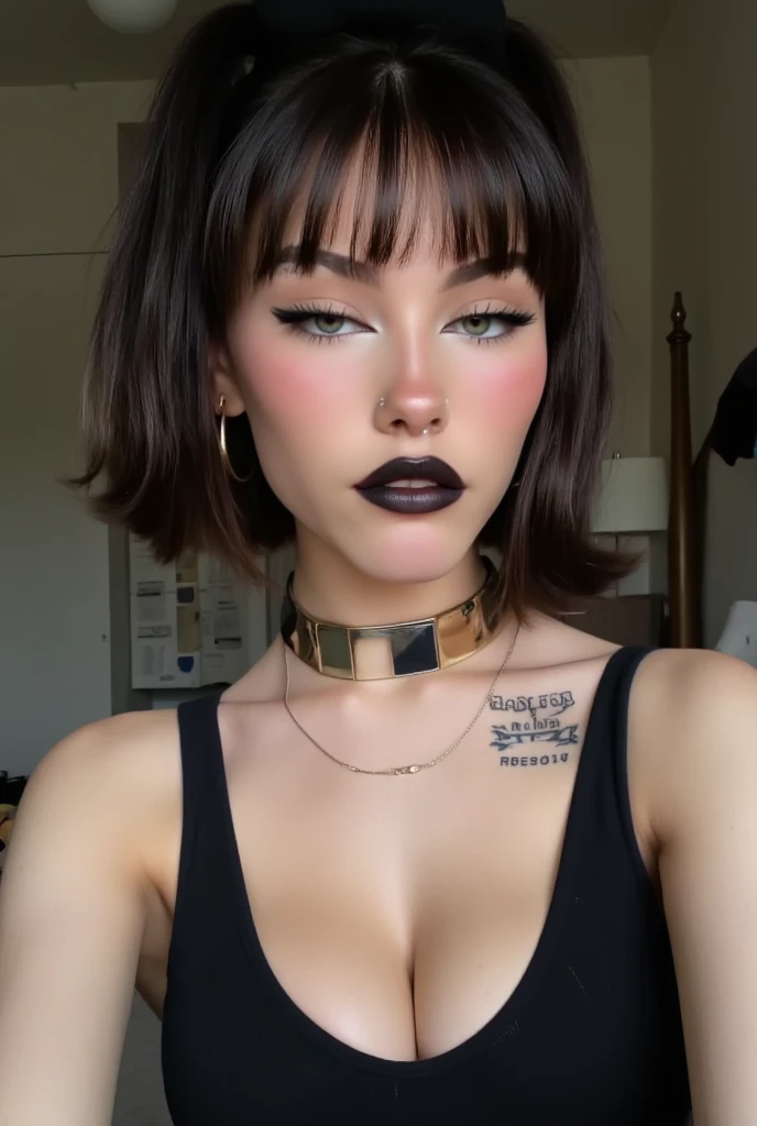 1girl, woman, emo_hairstyle, black lipstick, big choker, eyeliner, eye shadow, mascara, smoky eyes, black lips, bedroom, natural lighting, perfect face, emo, big breasts, black lips, sweatshirt, over the shoulder, tattoo