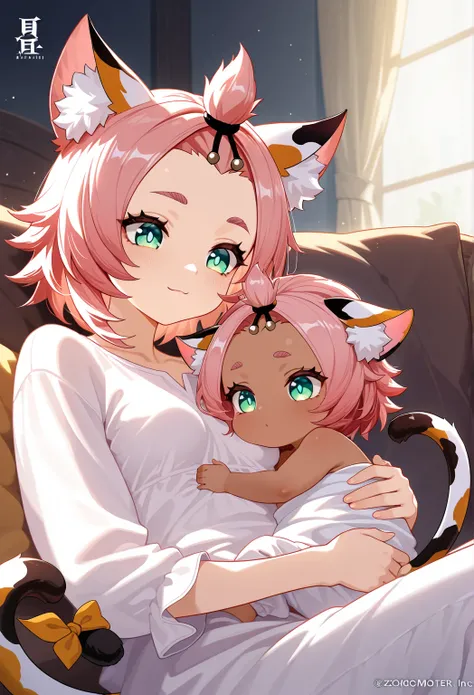 high resolution picture, masterpiece, best quality, amazing quality, official art, solo, 1girl,  diona from Genshin Impact, 1girl, zzDiona, green eyes, hair ribbon, pink hair, short hair, animal ears, cat ears, animal ear fluff, cat girl, short hair, ,smal...