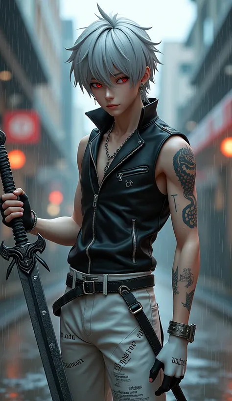 3D anime style,  boy, silver hair, black cross earrings, cold expression, band-aid on face, red eyes, black sleeveless vest with multiple zippers, collared vest, vest with chain, closed vest, arm tattoo , silver bracelet, silver belt, white fingerless glov...